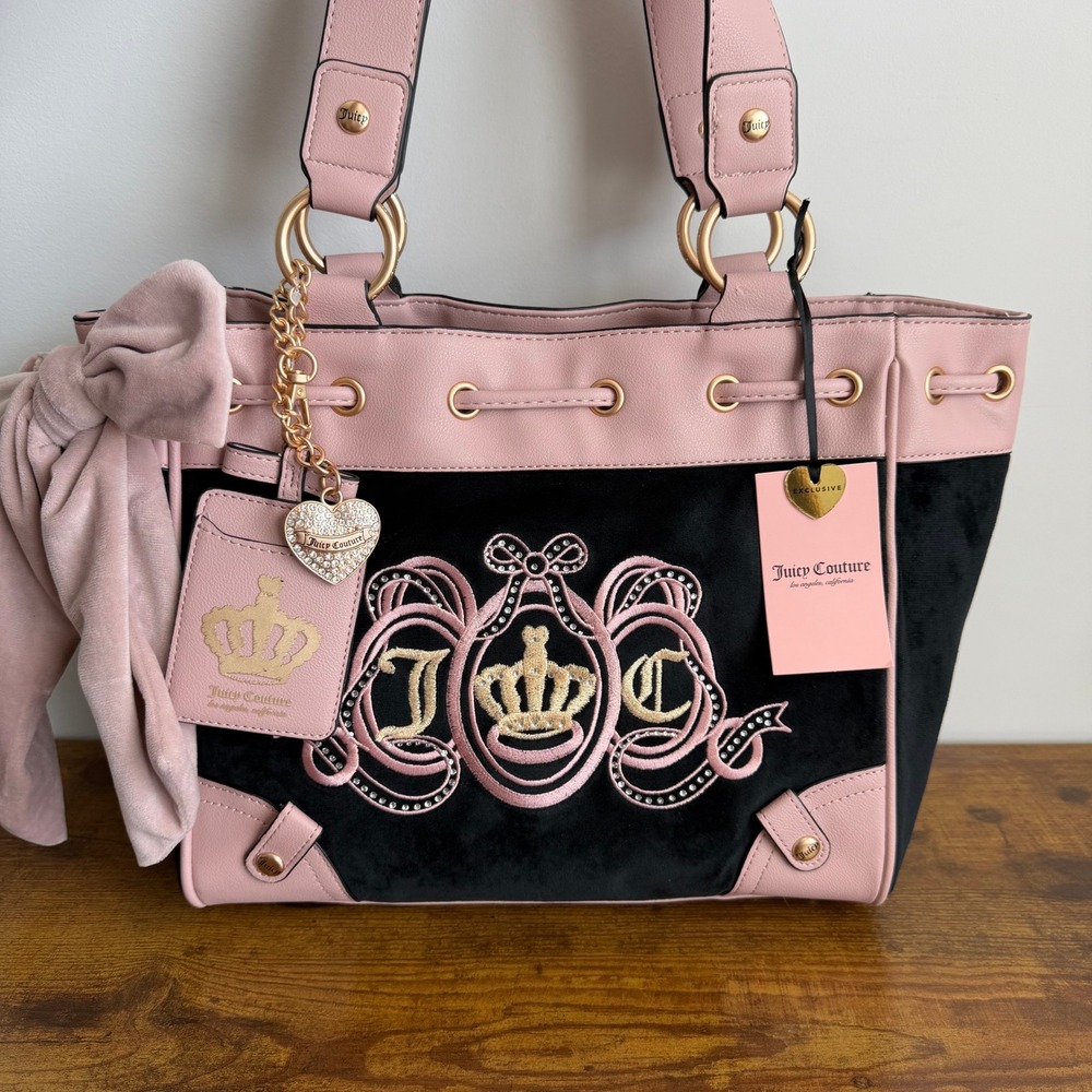 New Juicy Couture Lovers Club Black Pink Daydreamer Tote Shoulder Handbag Charm